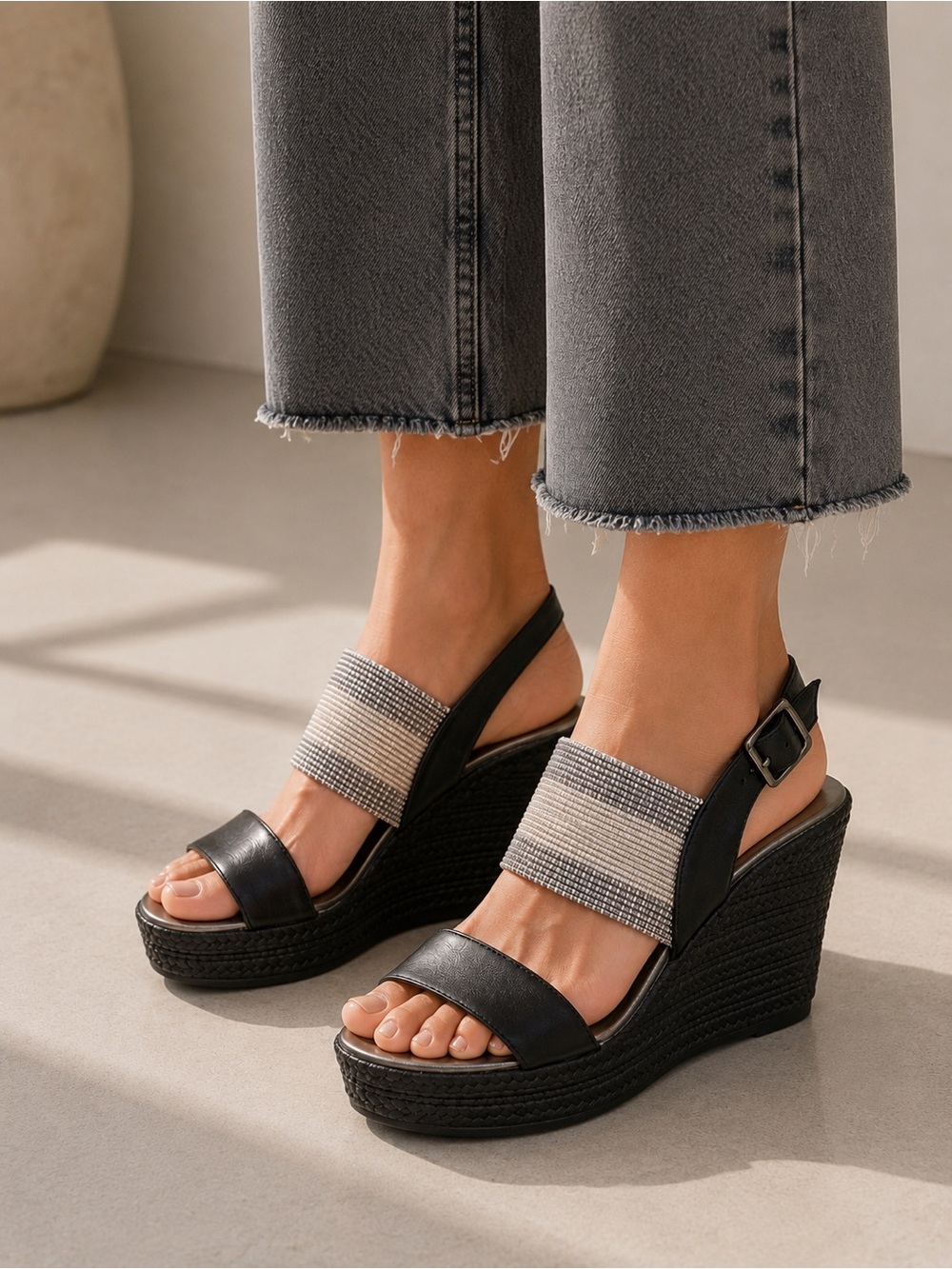 Browns strappy wedges sandals black platform silver grey straps sling back 39